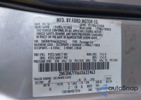 2010 Mercury Grand Marquis Ls (Fleet Only) z USA, uszkodzony, nr VIN 2MEBM7FV6AX632463